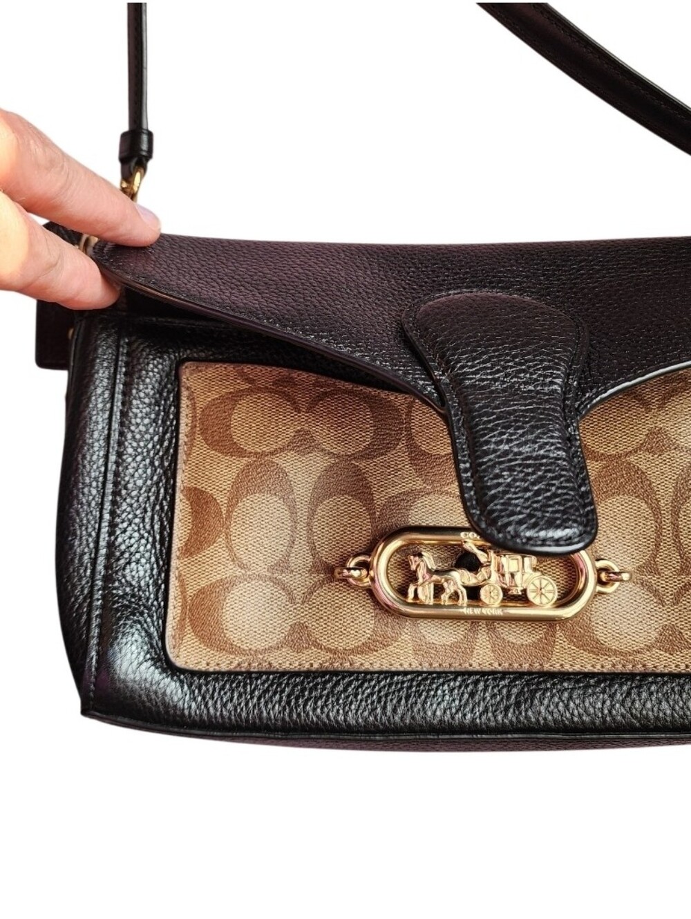 Coach Black Pebbled Leather & Tan Signature Canvas Crossbody - Picture 4 of 7